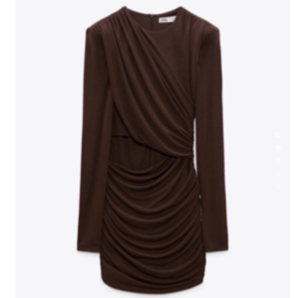 ZARA S Brown Ruched Short Bodycon Dress Long Sleeve Boat Neck - Picture 2 of 5